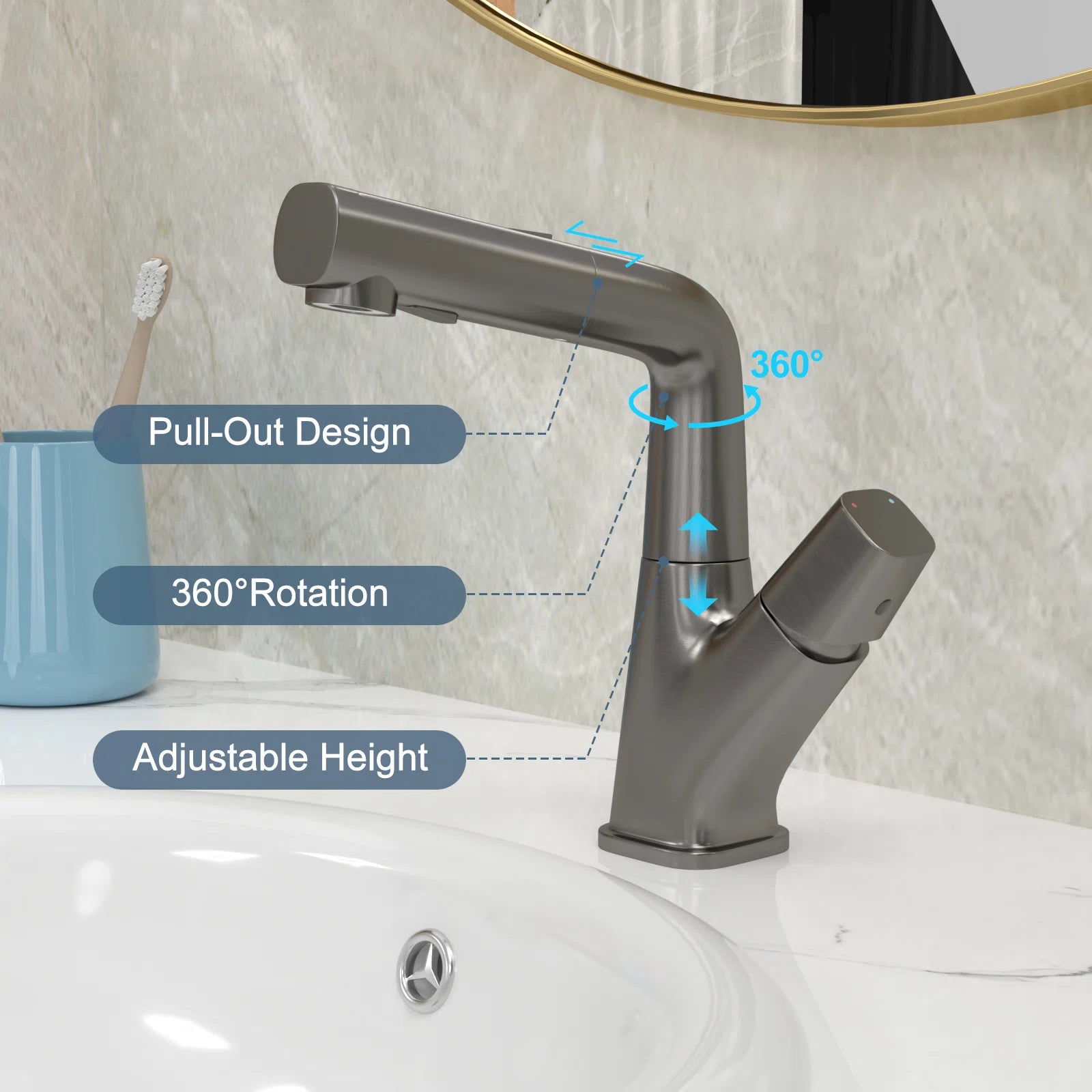 Bathroom Faucet with Pull Down Sprayer Stainless Steel Bathroom Pull Out Faucet with 3 Modes 360¡ã Rotating to Switch Mode-Gunmetal Black  from Lordear
