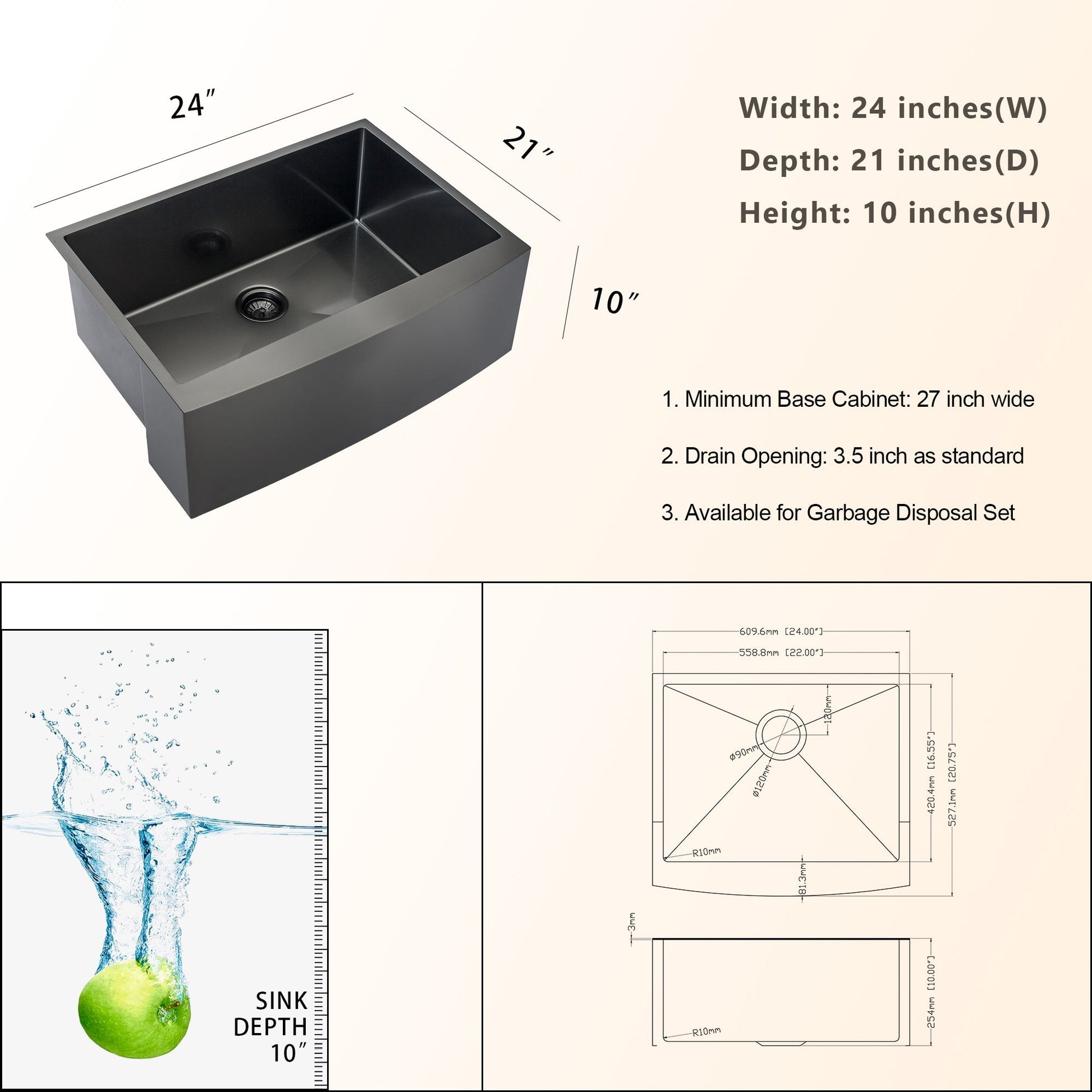 Lordear 24" x 21" Stainless Steel Gunmetal Black Apron Front Farmhouse Kitchen Sink  from Lordear