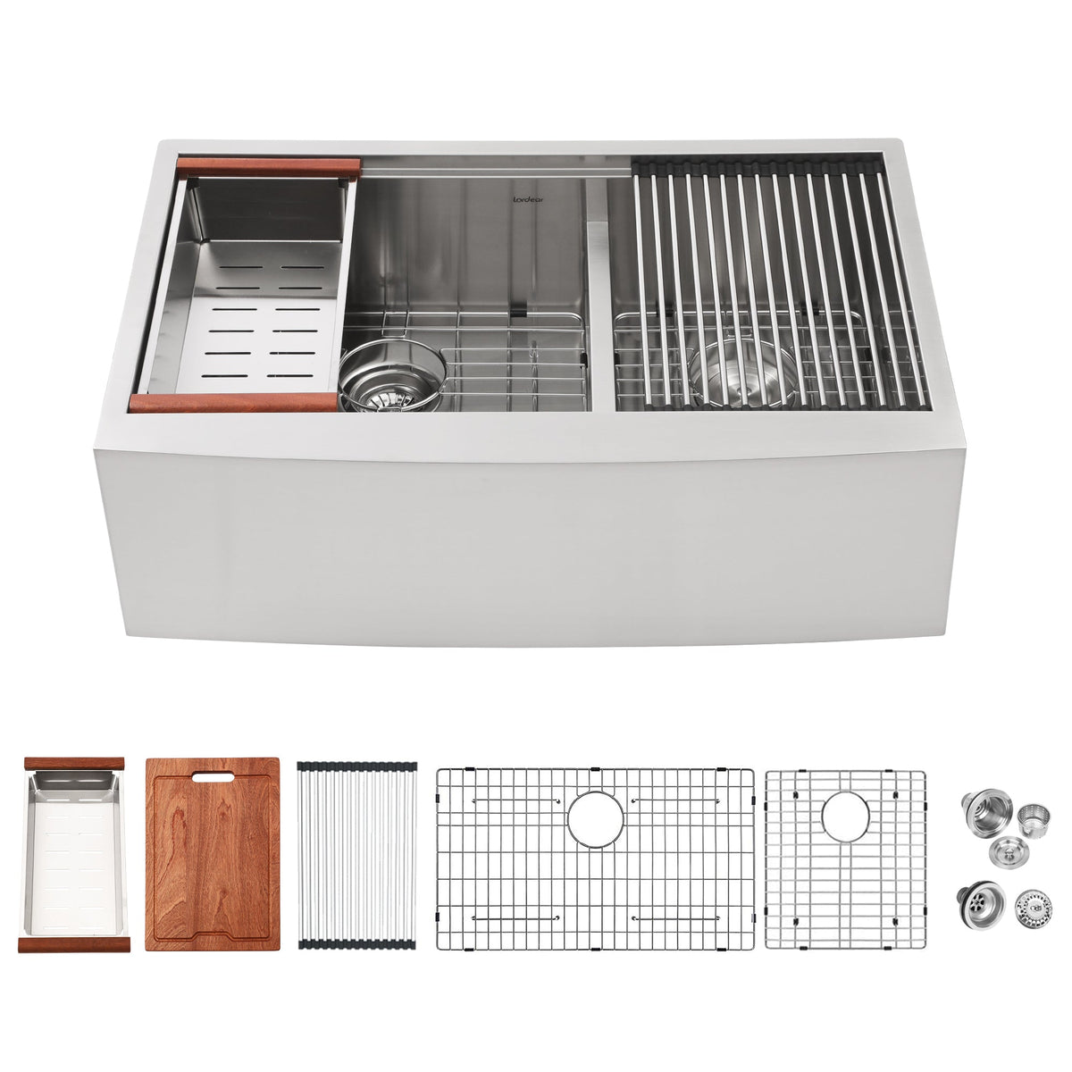 Lordear 33'' x 22'' Stainless Steel Apron Front Double Bowl Workstation Kitchen Sink  from Lordear