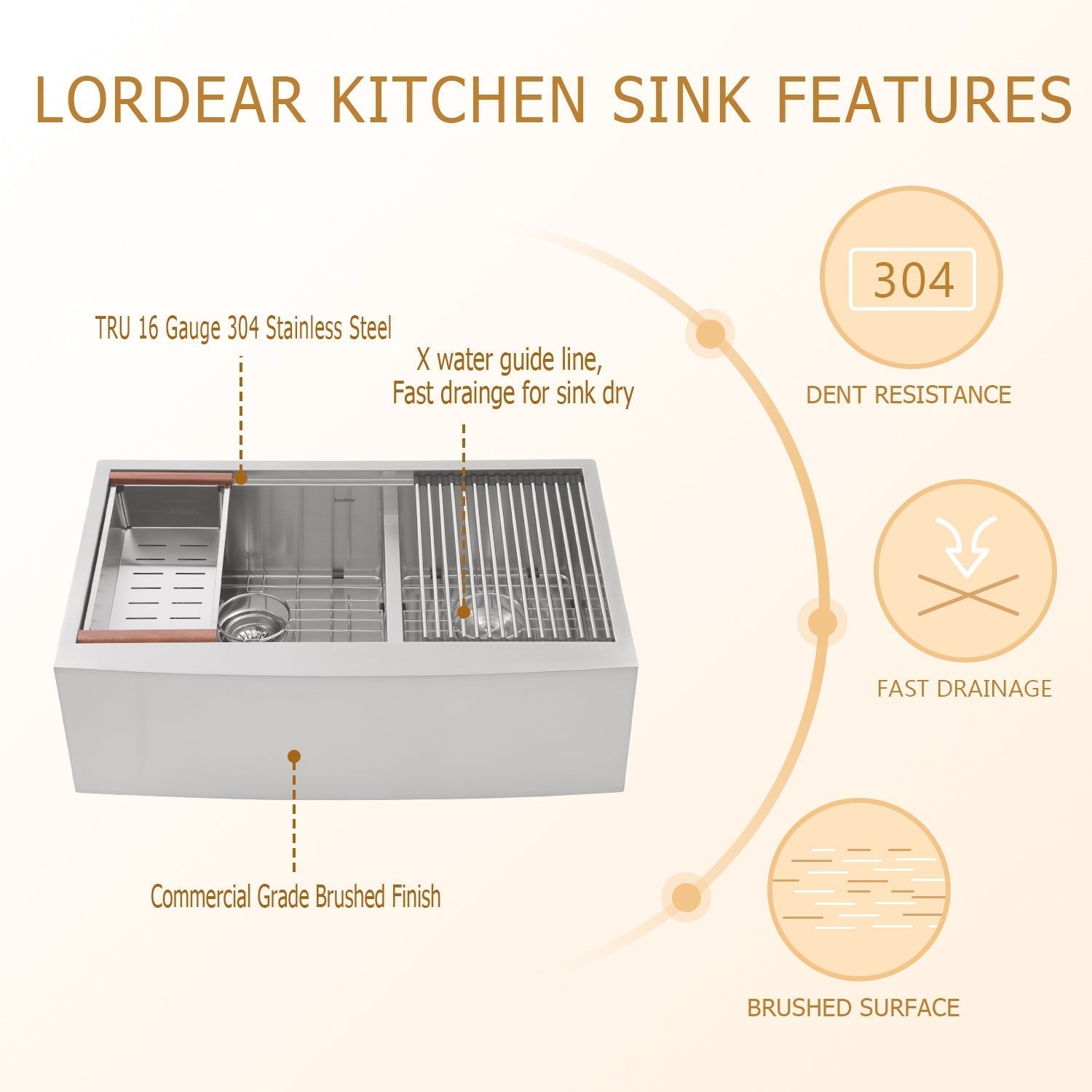 Lordear 33" x 22" Stainless Steel Apron Front Double Bowl Workstation Kitchen Sink  from Lordear
