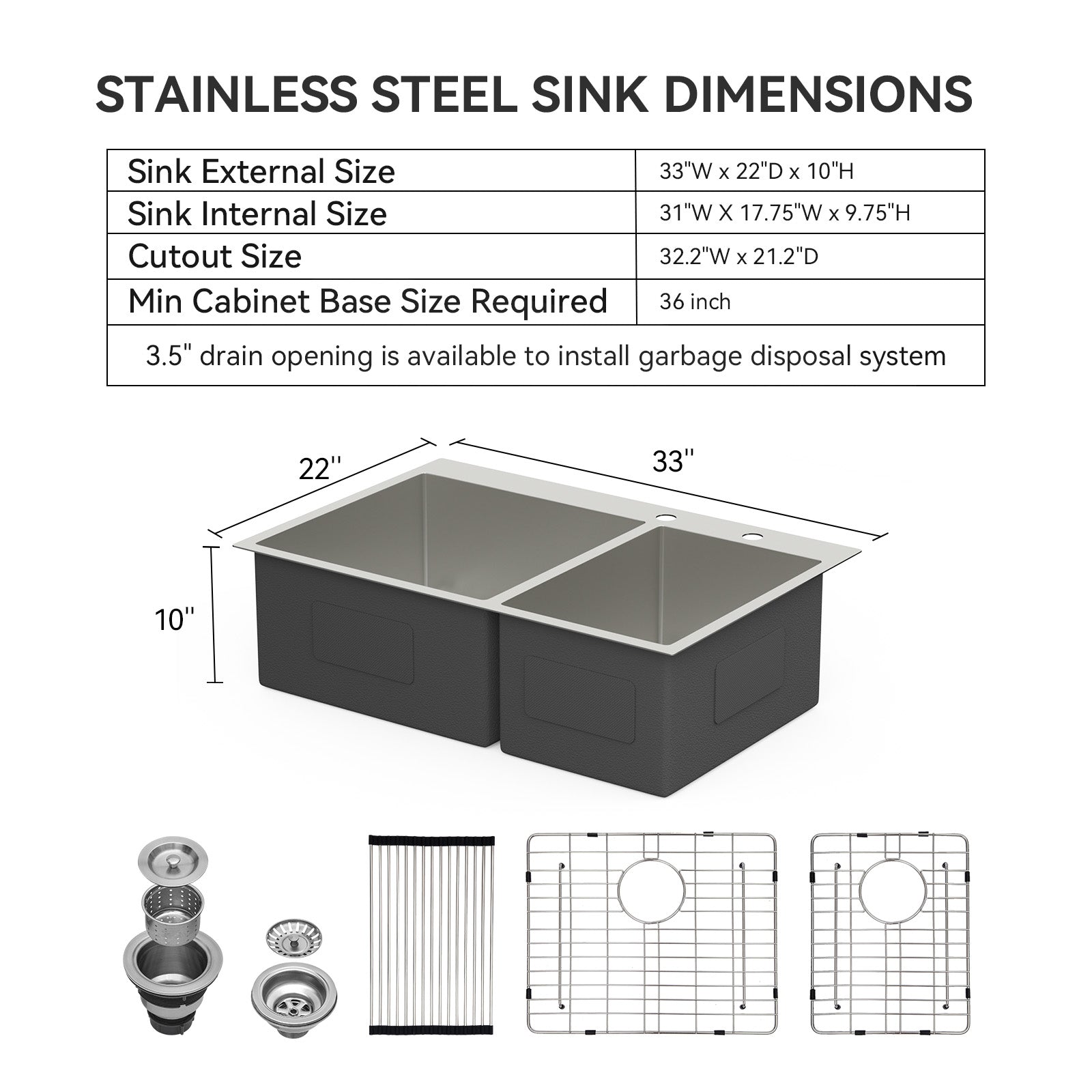 Lordear 33" Stainless Steel Drop-in Double Bowl Kitchen Sink  from Lordear