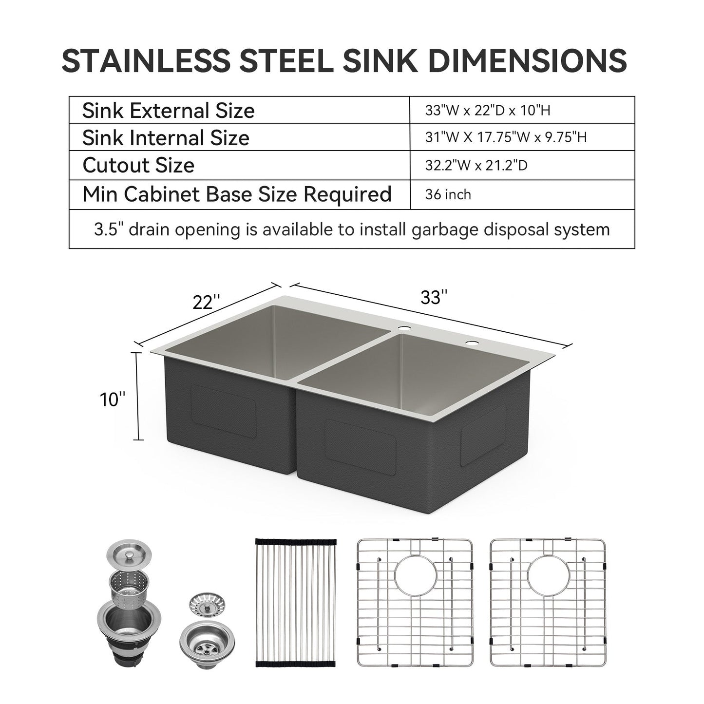 Lordear 33" Stainless Steel Drop-in Double Bowl Kitchen Sink  from Lordear