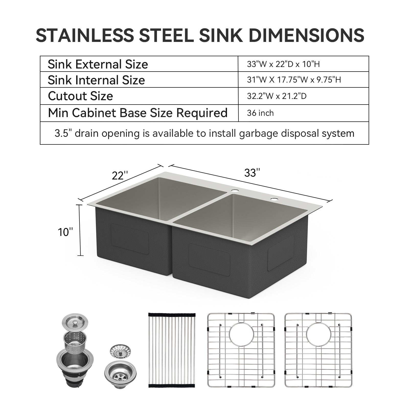 Lordear 33" Stainless Steel Drop-in Double Bowl Kitchen Sink  from Lordear