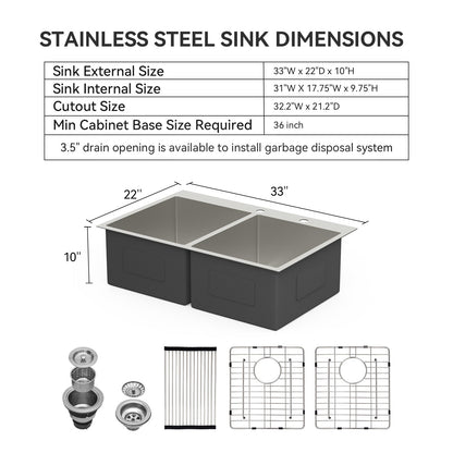 Lordear 33" Stainless Steel Drop-in Double Bowl Kitchen Sink  from Lordear
