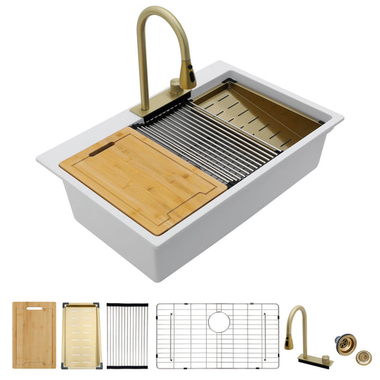 Lordear 33" × 22" Quartz Drop-in Waterfall Single Bowl Workstation Kitchen Sink  from Lordear