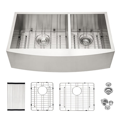 33 Inch Double Farmhouse Sink - Lordear Apon Front Kitchen Farm Sink 18 Gauge Stainless Steel Farmhouse Sink 33x20x9 Inch Double Bowl 60/40 Kitchen Sink  from Lordear