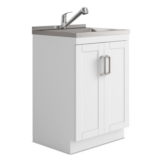 24-inch Wide Stainless Steel All-in-One Utility Laundry Sink & Pure White Cabinet and Pull-Out Faucet  from Lordear