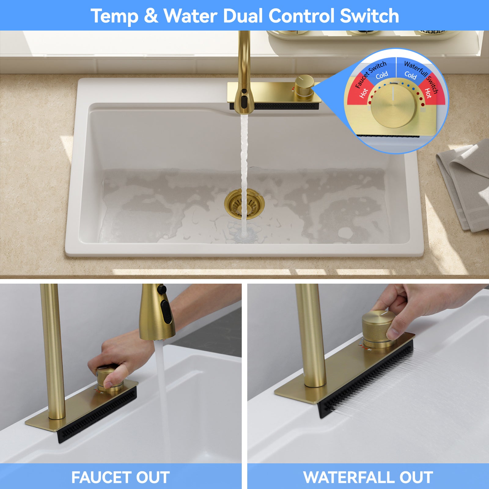 Lordear 33" × 22" Quartz Drop-in Waterfall Single Bowl Workstation Kitchen Sink  from Lordear