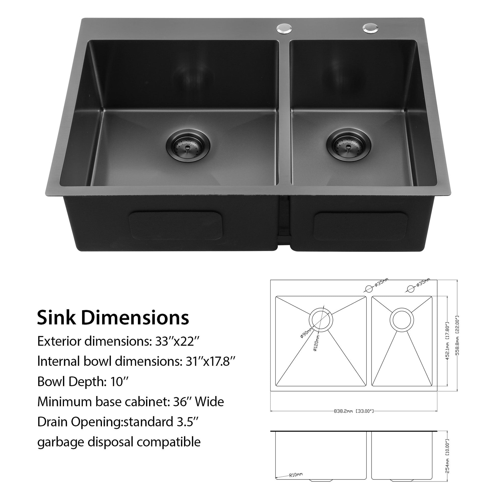 Lordear 33" Stainless Steel Gunmetal Black Double Bowl Drop-in Kitchen Sink  from Lordear
