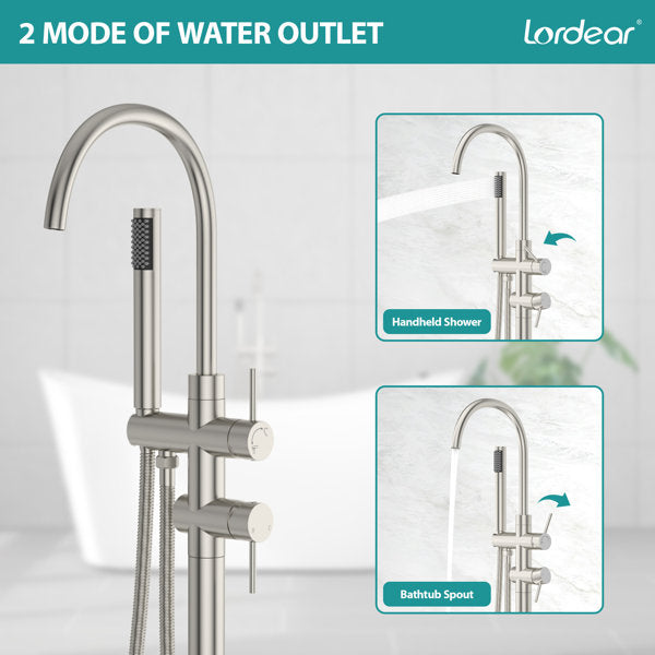 Lordear Freestanding Bathtub Faucet Floor Mount High Flow Tub Filler with Swivel Gooseneck Spout and Handheld Shower  from Lordear
