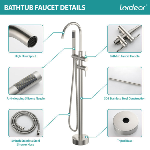 Lordear Freestanding Bathtub Faucet Floor Mount High Flow Tub Filler with Swivel Gooseneck Spout and Handheld Shower  from Lordear