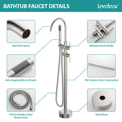Lordear Freestanding Bathtub Faucet Floor Mount High Flow Tub Filler with Swivel Gooseneck Spout and Handheld Shower  from Lordear