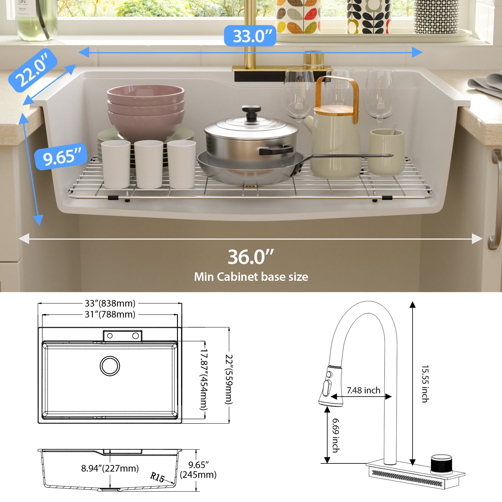 Lordear 33" × 22" Quartz Drop-in Waterfall Single Bowl Workstation Kitchen Sink  from Lordear