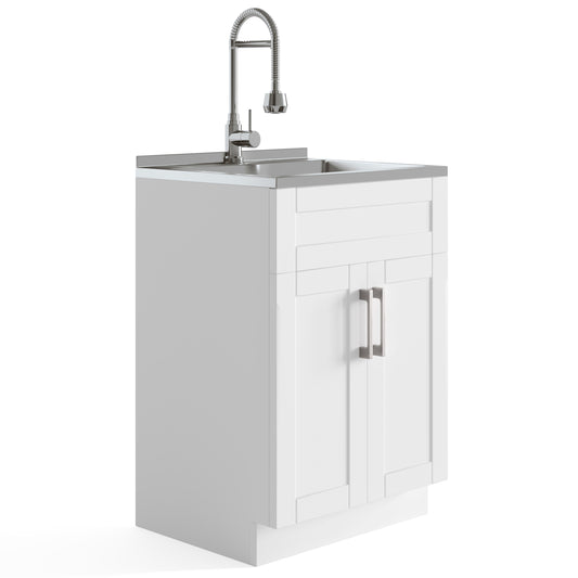 24-inch All-in-One Utility Stainless Steel Sink &  Pure White Laundry Cabinet with Chrome Faucet  from Lordear