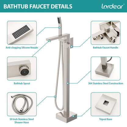 Lordear Freestanding Bathtub Faucet Floor Tub Spout with Diverter Filler Floor Mount Brass Bathroom Faucets with Hand Shower  from Lordear