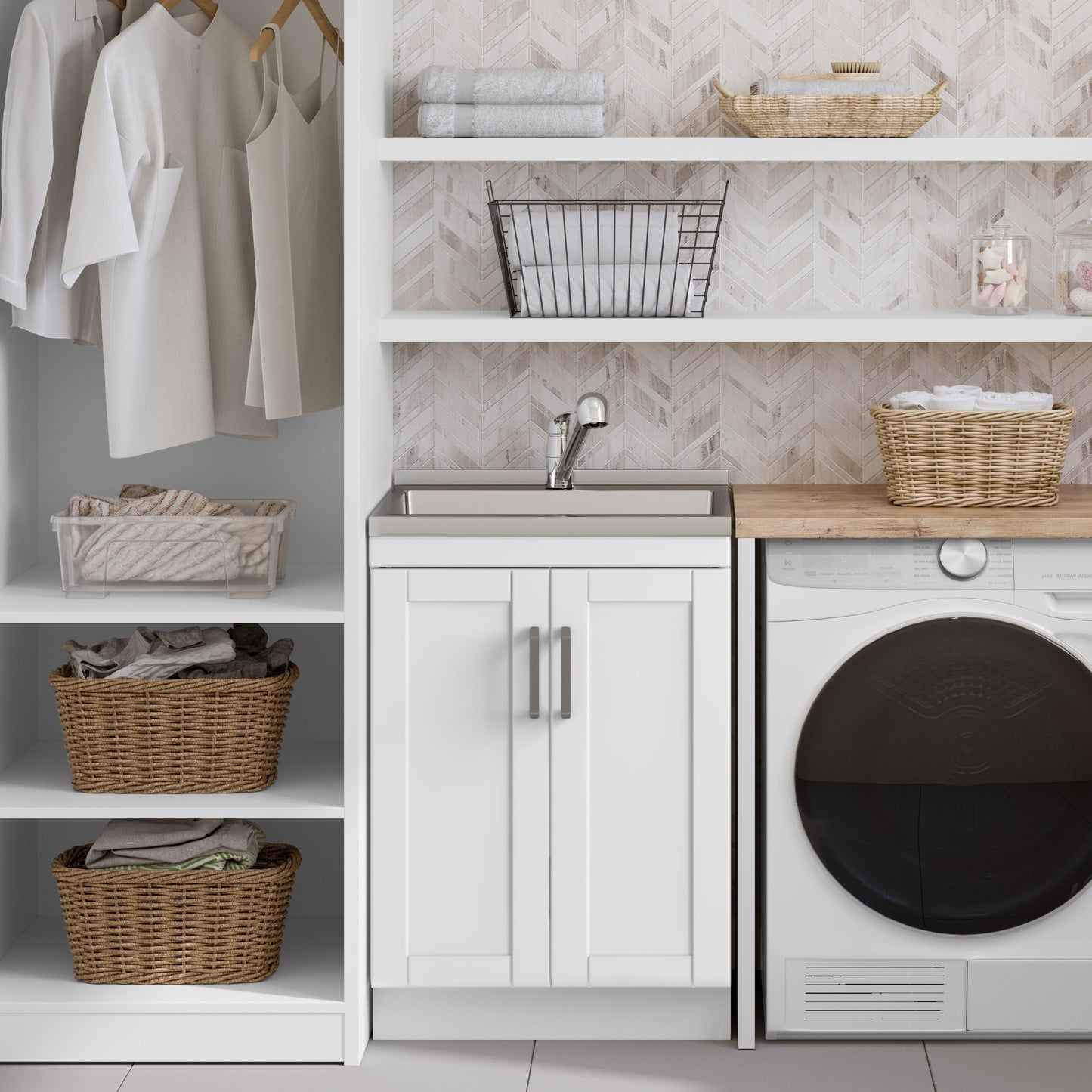 24-inch Wide Stainless Steel All-in-One Utility Laundry Sink & Pure White Cabinet and Pull-Out Faucet  from Lordear