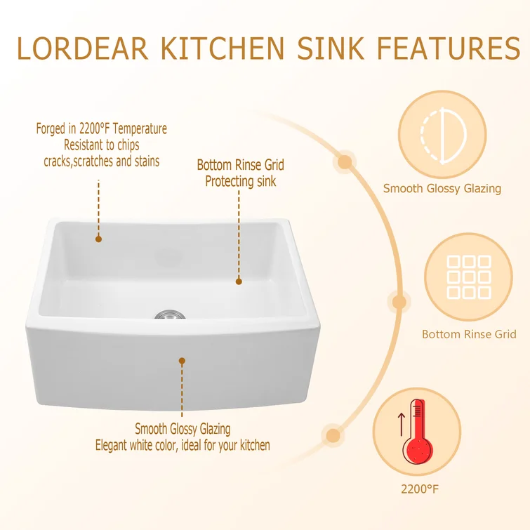 Lordear 24" Ceramic White Apron Front Single Bowl Farmhouse Kitchen Sink  from Lordear