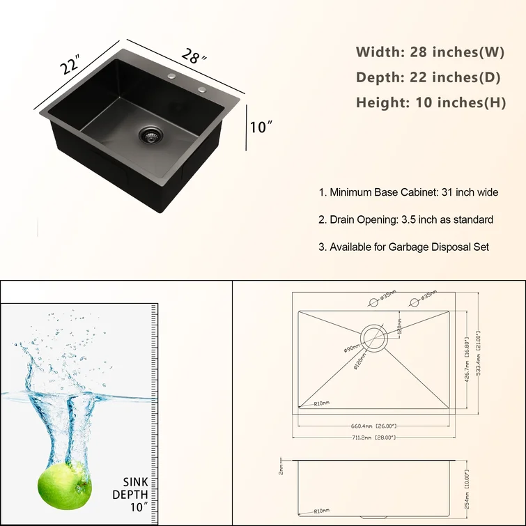 Lordear 28" Stainless Steel Gunmetal Black Topmount Single Bowl Kitchen Sink  from Lordear