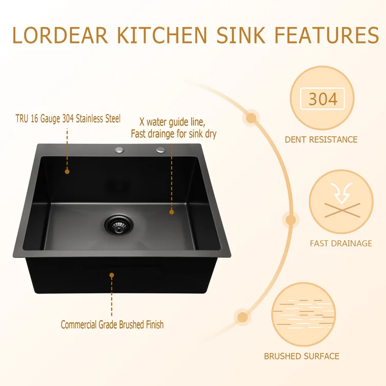 Lordear 28" Stainless Steel Gunmetal Black Topmount Single Bowl Kitchen Sink  from Lordear