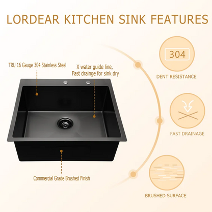 Lordear 28" Stainless Steel Gunmetal Black Topmount Single Bowl Kitchen Sink  from Lordear