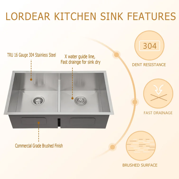 Lordear Stainless Steel Double Bowl Undermount Low Divide Kitchen Sink  from Lordear