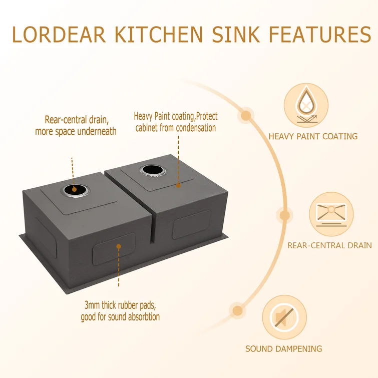 Lordear Stainless Steel Double Bowl Undermount Low Divide Kitchen Sink  from Lordear