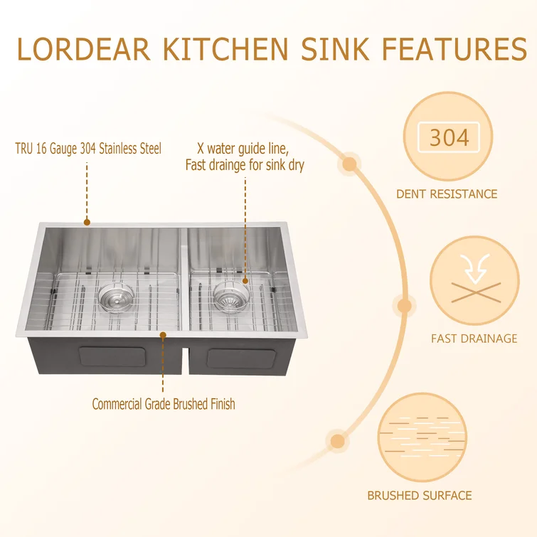 Lordear Stainless Steel Double Bowl Undermount Low Divide Kitchen Sink  from Lordear