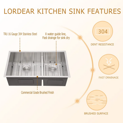 Lordear Stainless Steel Double Bowl Undermount Low Divide Kitchen Sink  from Lordear