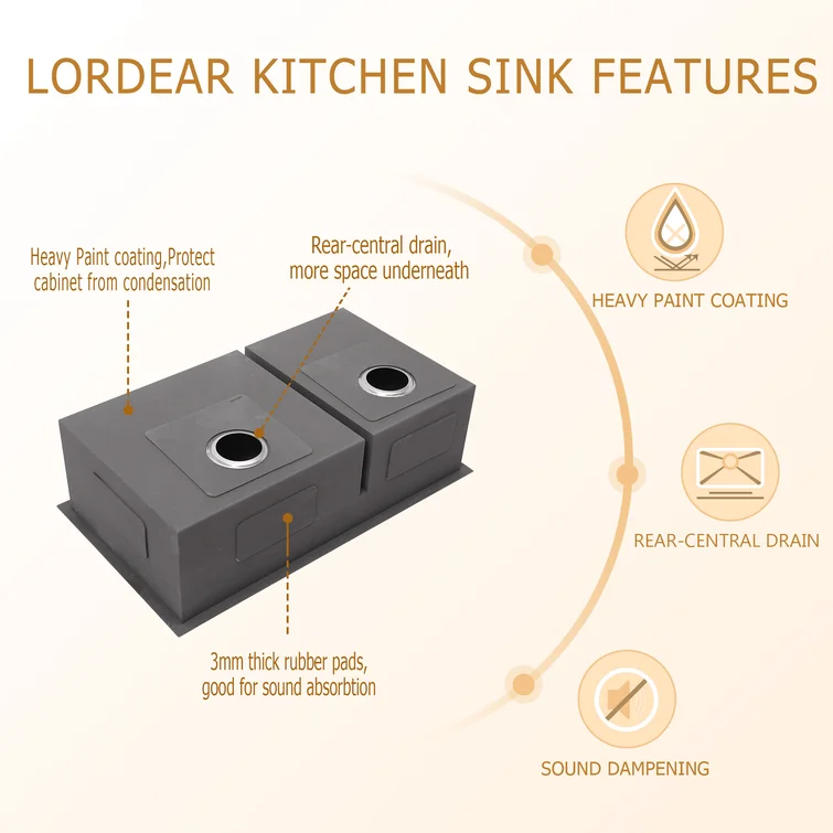 Lordear Stainless Steel Double Bowl Undermount Low Divide Kitchen Sink  from Lordear