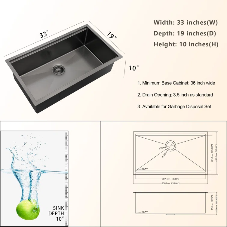 Lordear 33" x 19" Stainless Steel Black Single Bowl Workstation Kitchen Sink  from Lordear