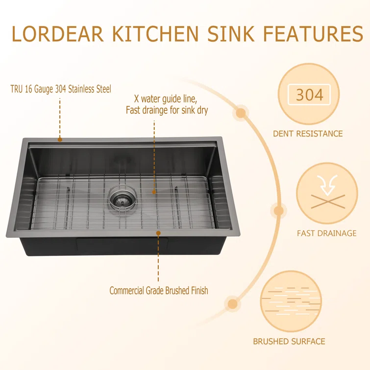 Lordear 33" x 19" Stainless Steel Black Single Bowl Workstation Kitchen Sink  from Lordear