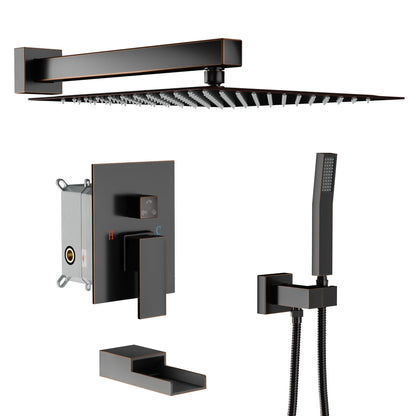 10 Inch Rainfall Square Shower Head System with Shower and Waterfall Faucet Wall Mounted in ORB  from Lordear