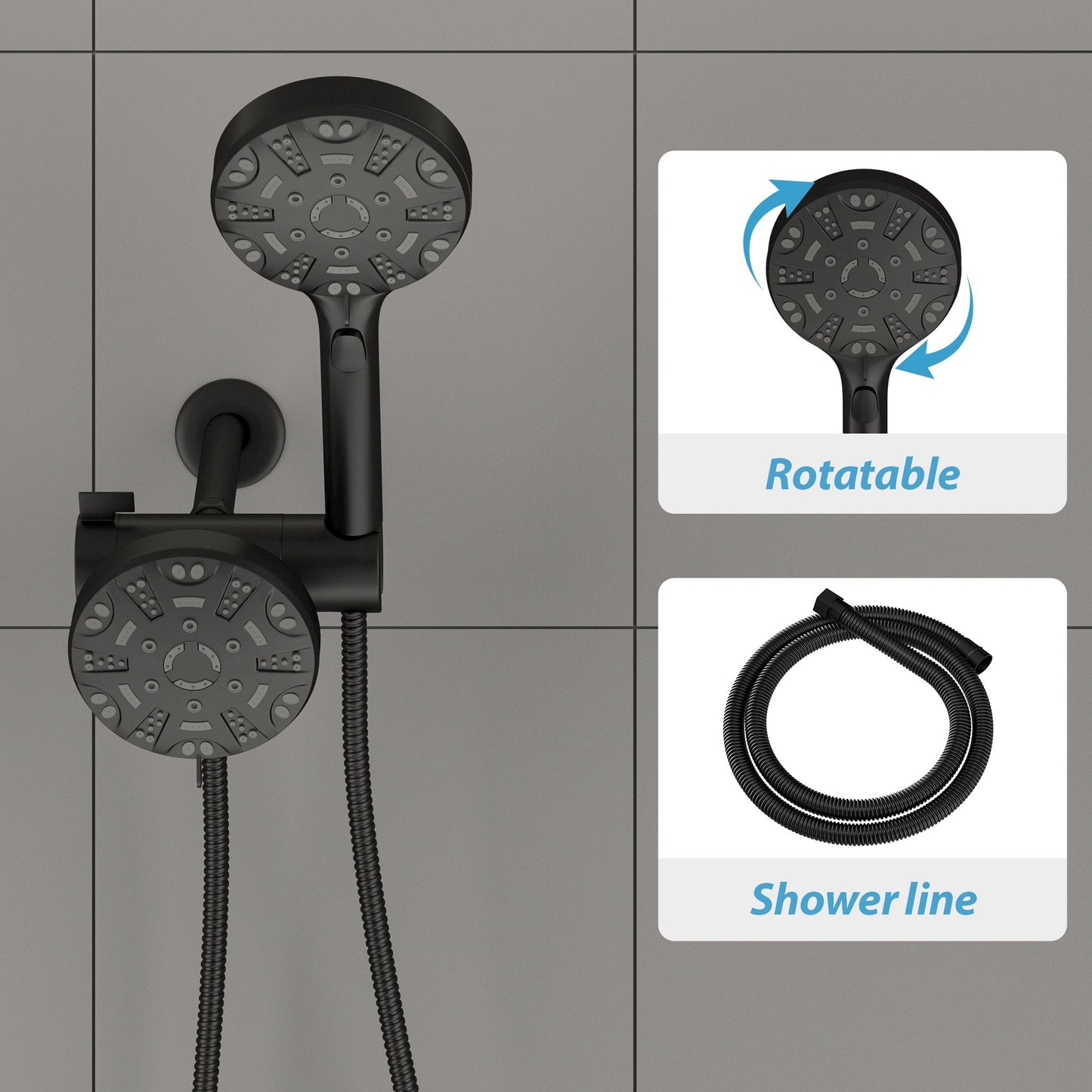 Lordear 5" Stainless Steel Wall Mounted Matte Black Rainfall Round Dual Head Shower Head  from Lordear