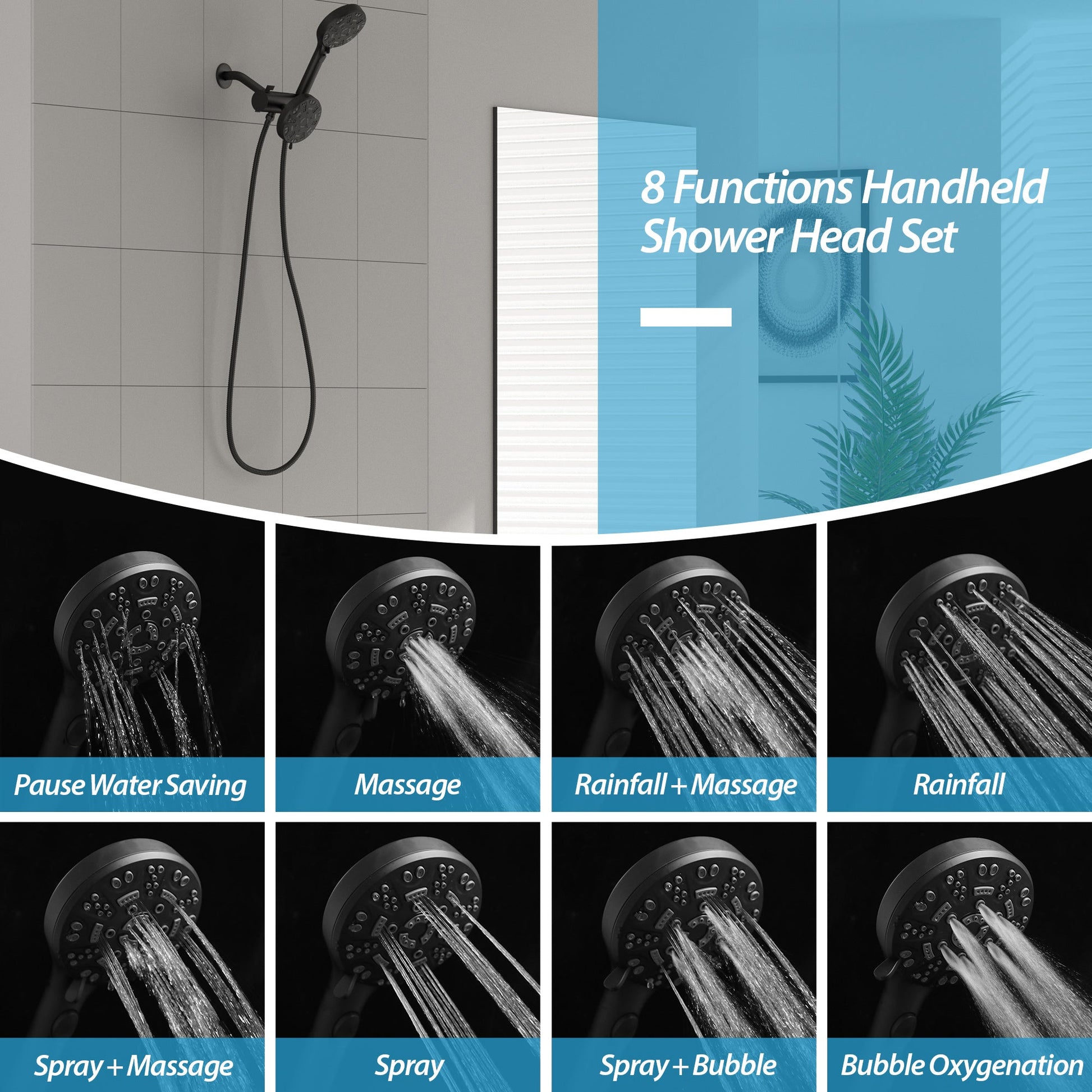 Lordear 5" Stainless Steel Wall Mounted Matte Black Rainfall Round Dual Head Shower Head  from Lordear