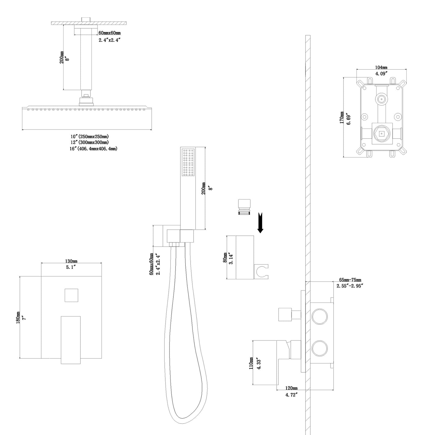 Lordear 12" Stainless Steel Ceiling Mount Square Matte Black Rainfall Shower Head  from Lordear