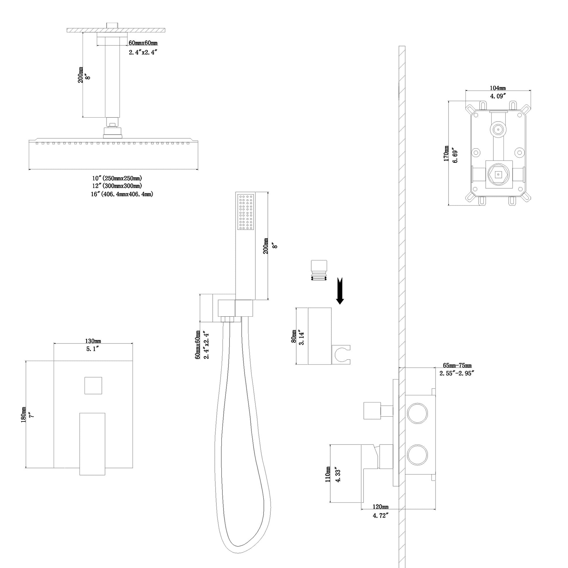 Lordear 12" Stainless Steel Ceiling Mount Square Matte Black Rainfall Shower Head  from Lordear