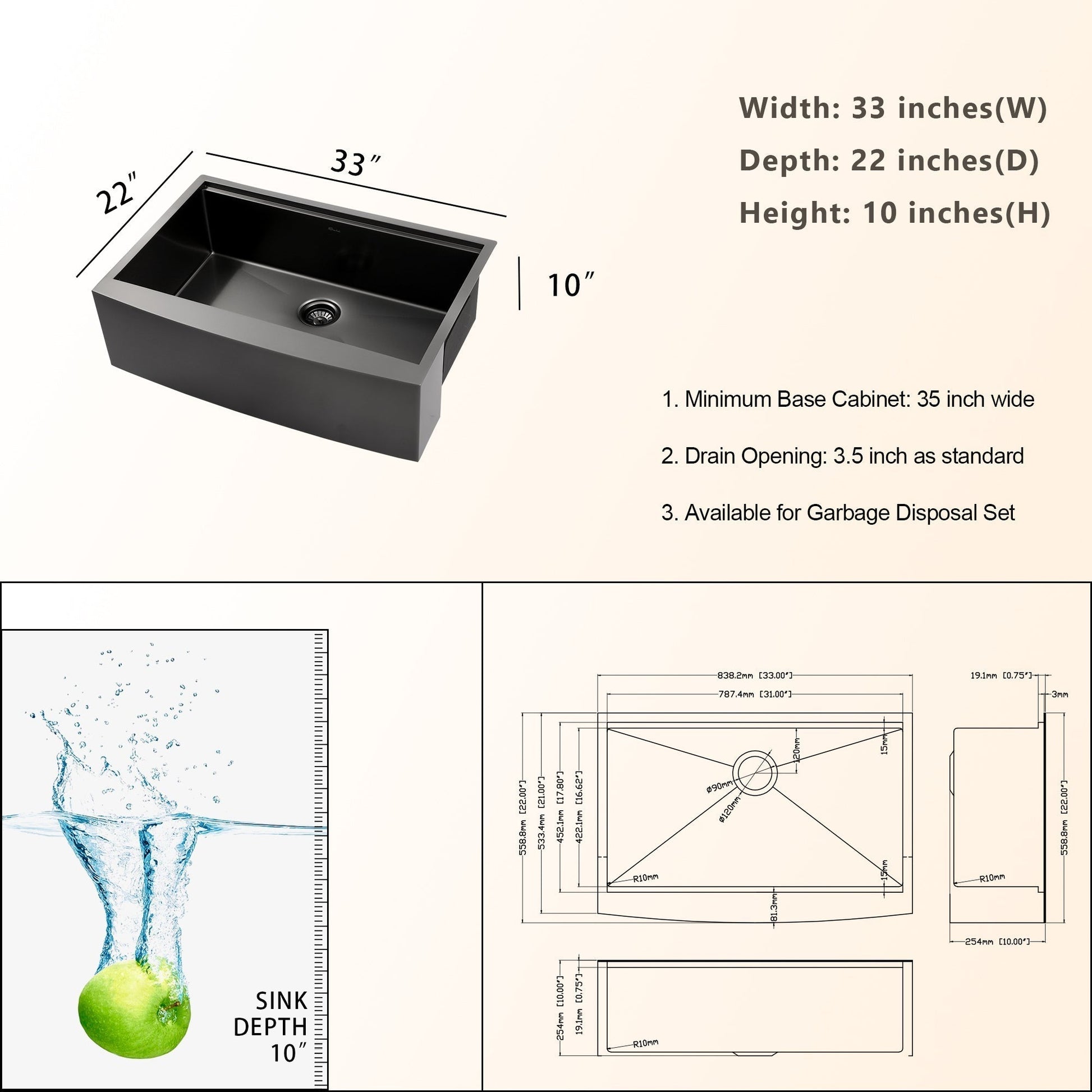 Lordear 33" x 22" Stainless Steel Black Farmhouse Workstation Kitchen Sink  from Lordear