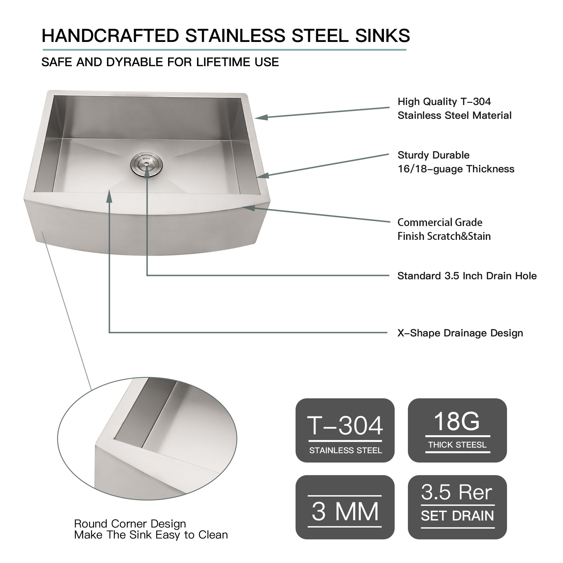 Lordear 24" x 20" Stainless Steel Apron Front Single Basin Farmhouse Kitchen Sink  from Lordear