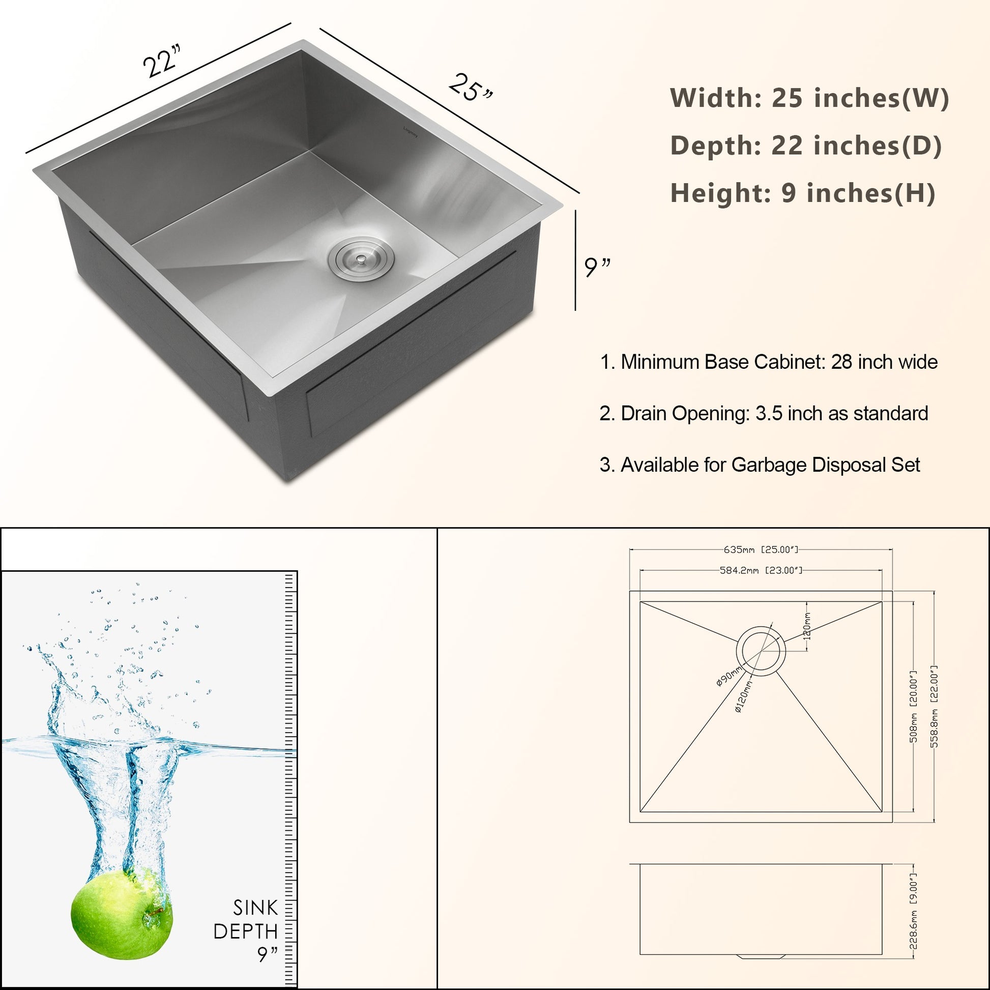 Lordear 25" Stainless Steel Undermount Single Bowl Kitchen Sink  from Lordear