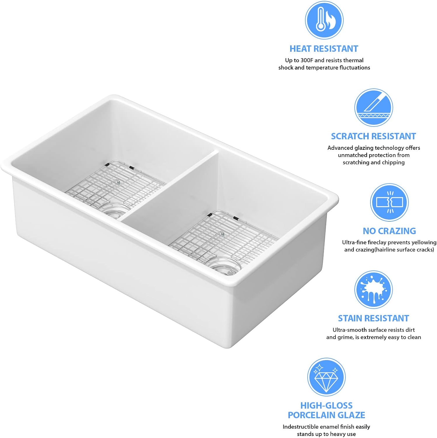 Lordear 32"x19" White Fireclay Porcelain Ceramic 50/50 Double Bowl Undermount Kitchen Sink  from Lordear