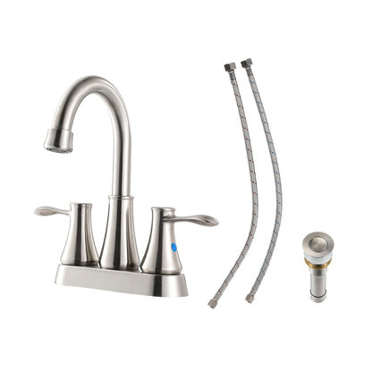 Lordear Brass Brushed Nickel Dual Handle Bathroom Faucet with Pop-Up Drain And Water Hoses  from Lordear