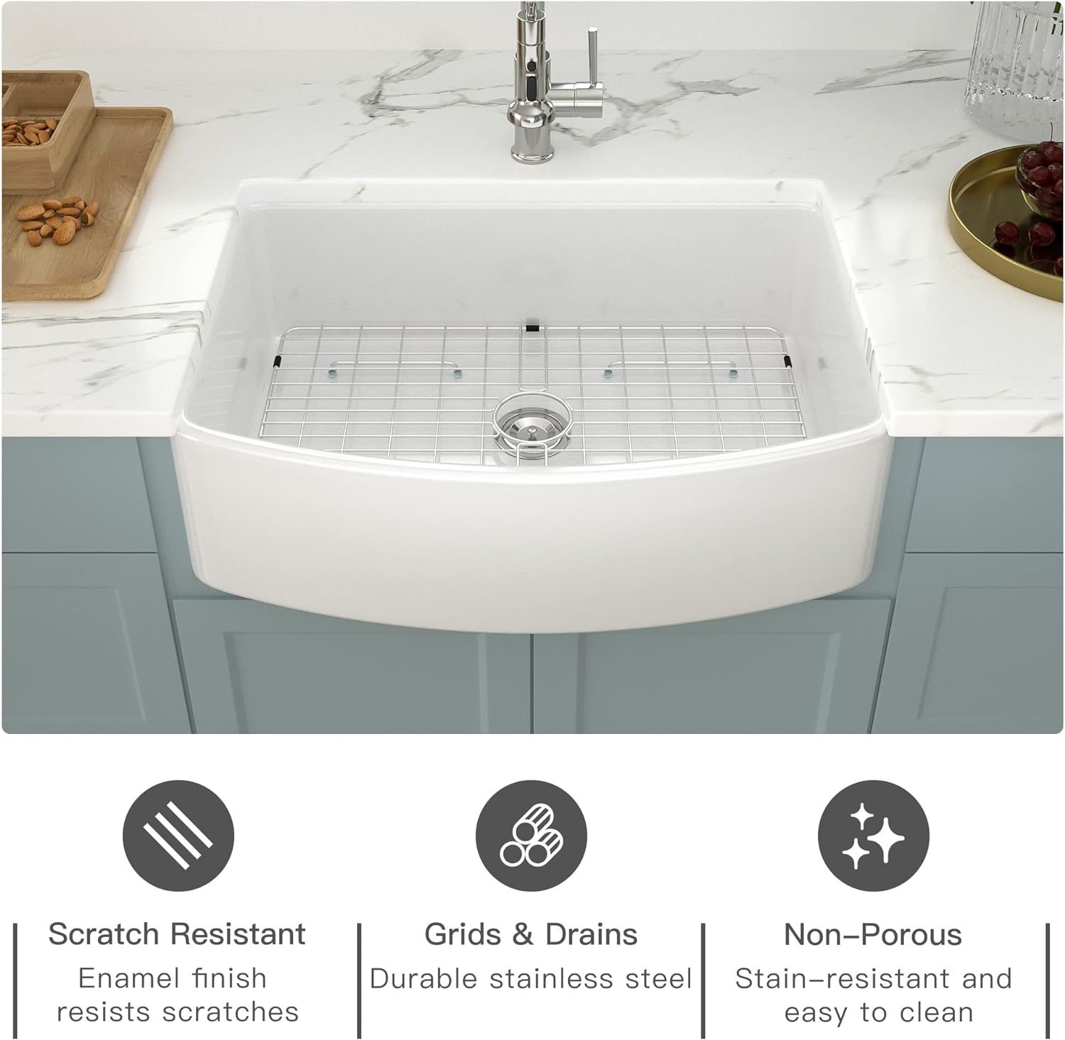 Lordear 33" White Ceramic Curved Apron Farmhouse Kitchen Sink  from Lordear