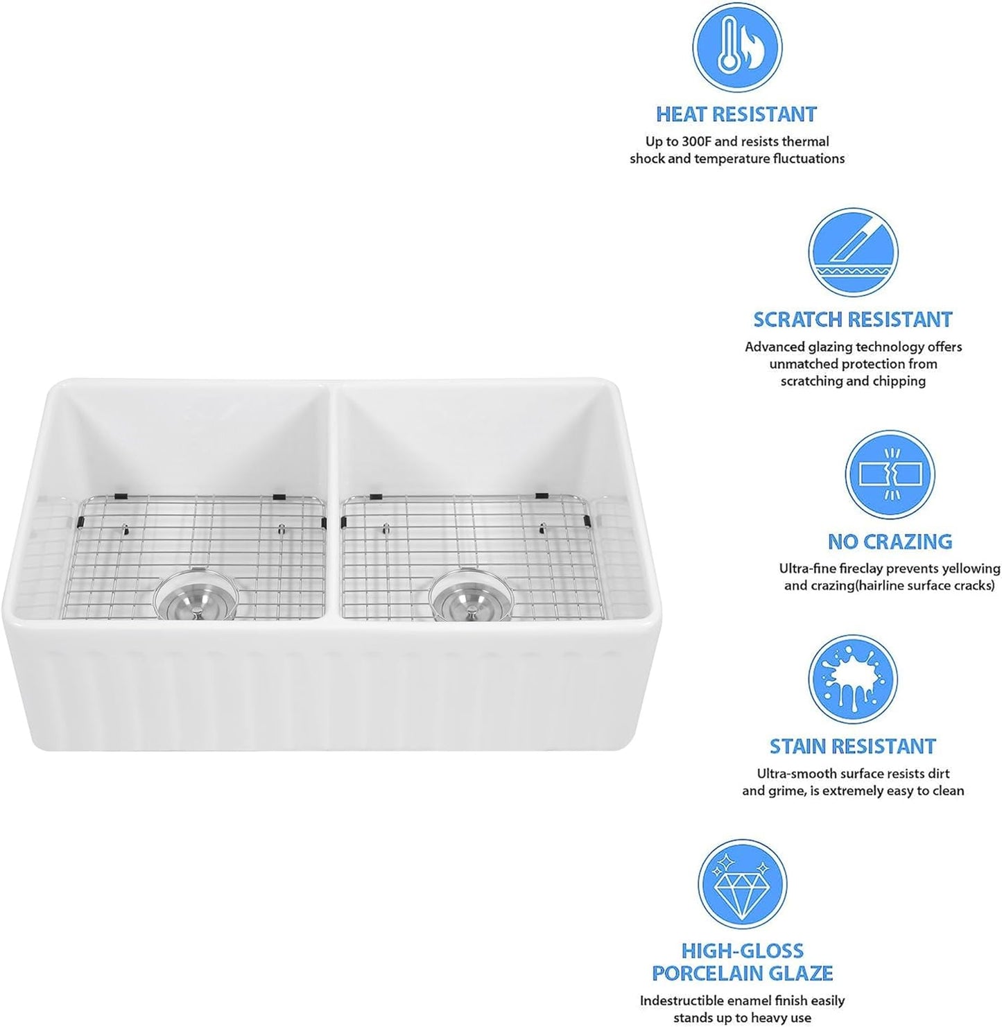 Lordear 33" x 20" White Ceramic Apron Front 50/50 Double Basin Farmhouse Kitchen Sink  from Lordear