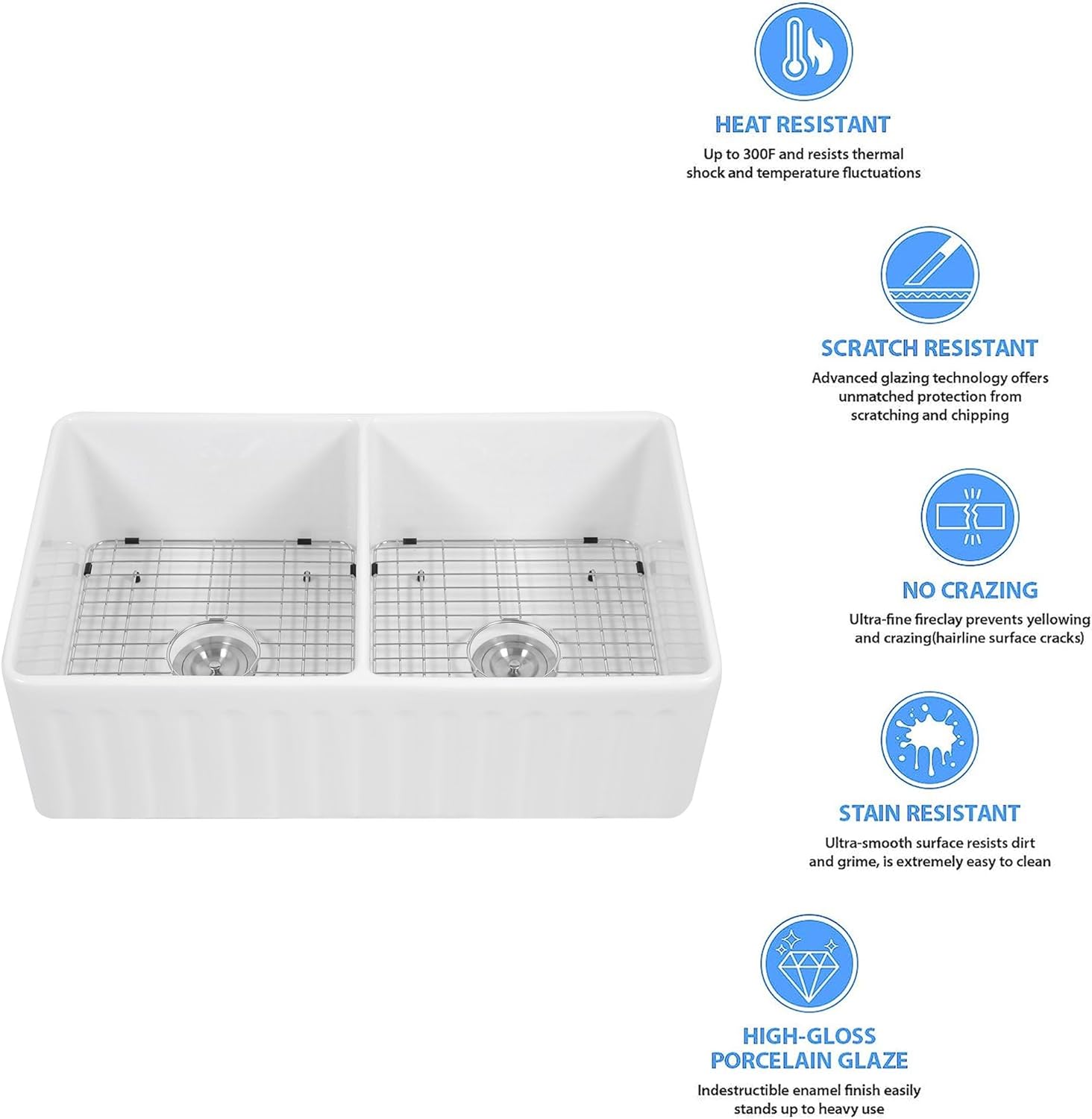 Lordear 33" x 20" White Ceramic Apron Front 50/50 Double Basin Farmhouse Kitchen Sink  from Lordear