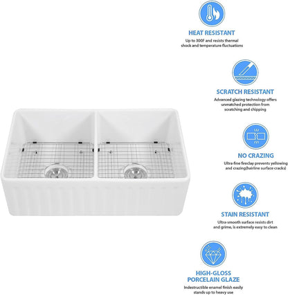 Lordear 33" x 20" White Ceramic Apron Front 50/50 Double Basin Farmhouse Kitchen Sink  from Lordear