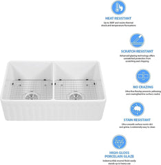 Lordear 33'' x 20'' White Ceramic Apron Front 50/50 Double Basin Farmhouse Kitchen Sink  from Lordear