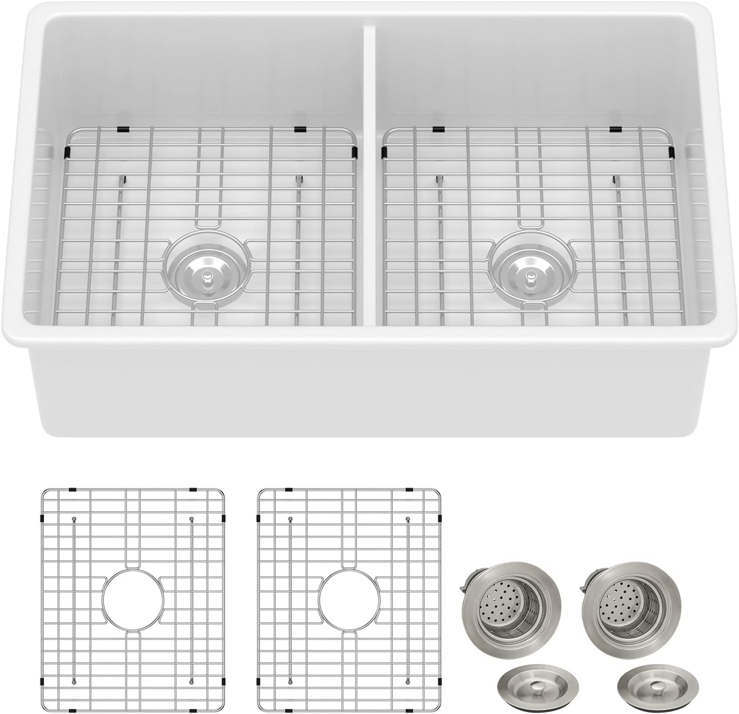 Lordear 32"x19" White Fireclay Porcelain Ceramic 50/50 Double Bowl Undermount Kitchen Sink  from Lordear