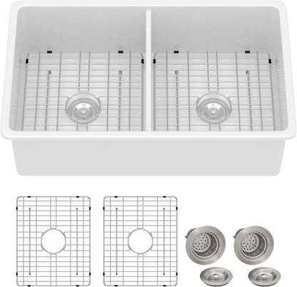 Lordear 32"x19" White Fireclay Porcelain Ceramic 50/50 Double Bowl Undermount Kitchen Sink  from Lordear