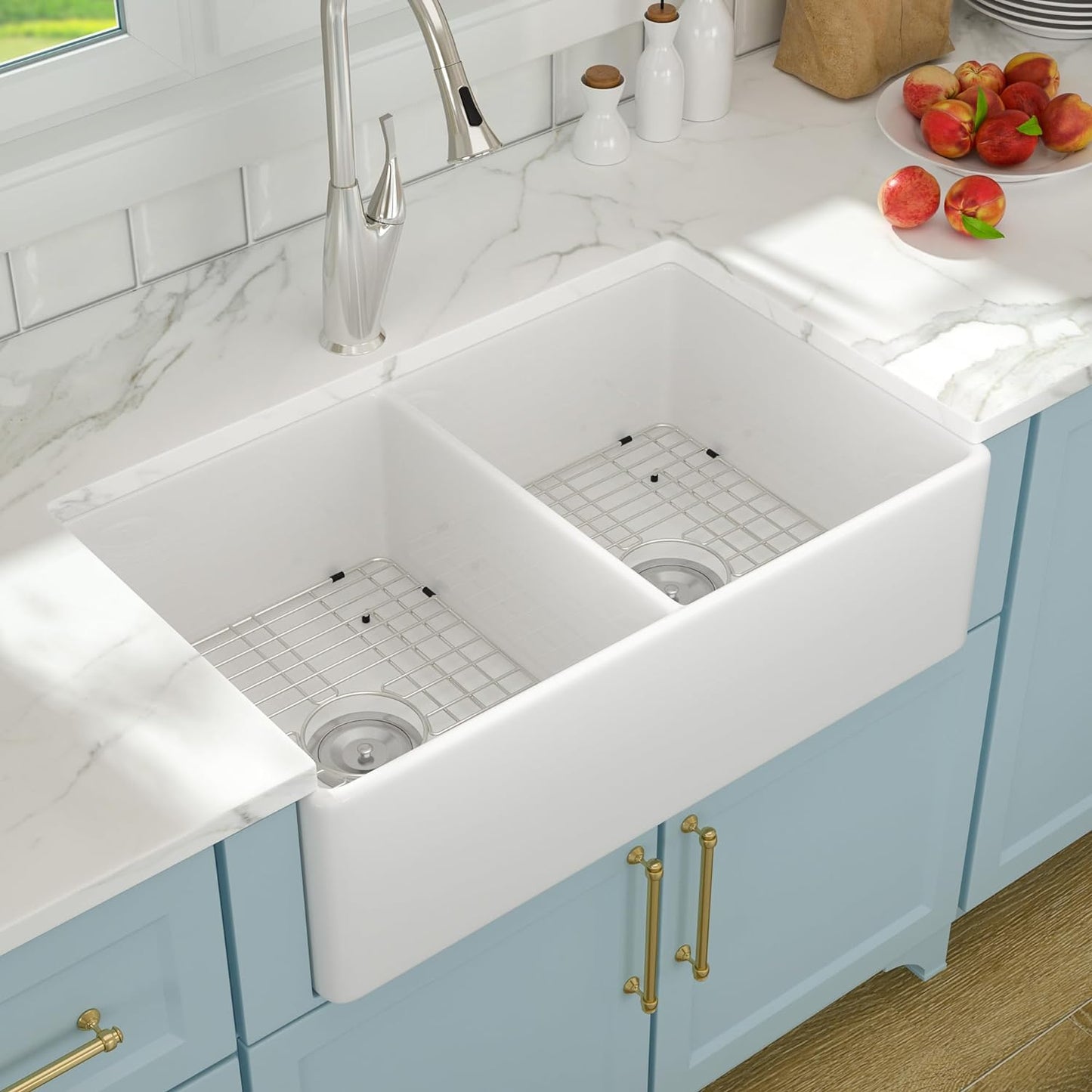 Lordear 33" x 20" White Ceramic Apron Front 50/50 Double Basin Farmhouse Kitchen Sink  from Lordear