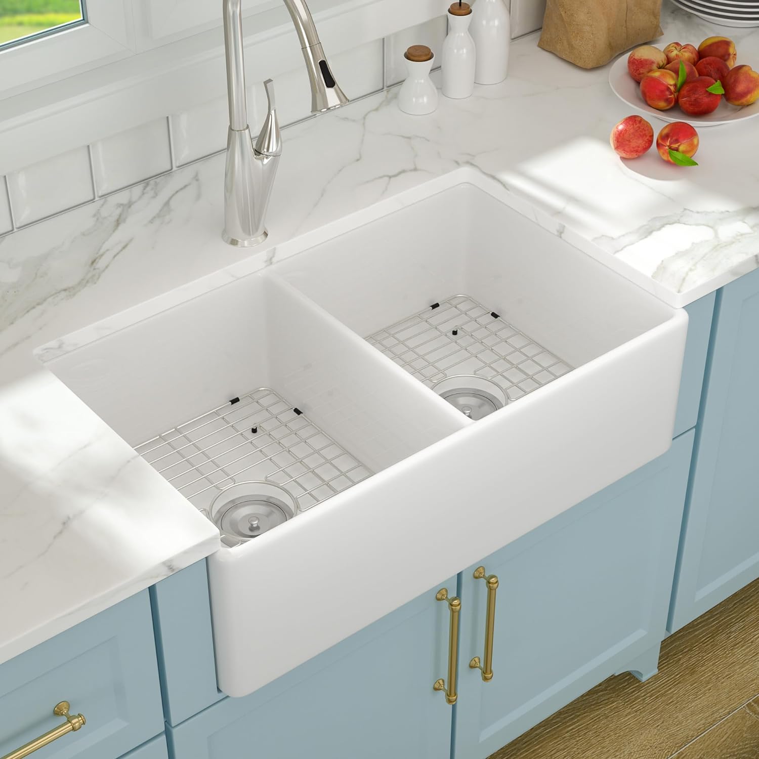 Lordear 33" x 20" White Ceramic Apron Front 50/50 Double Basin Farmhouse Kitchen Sink  from Lordear